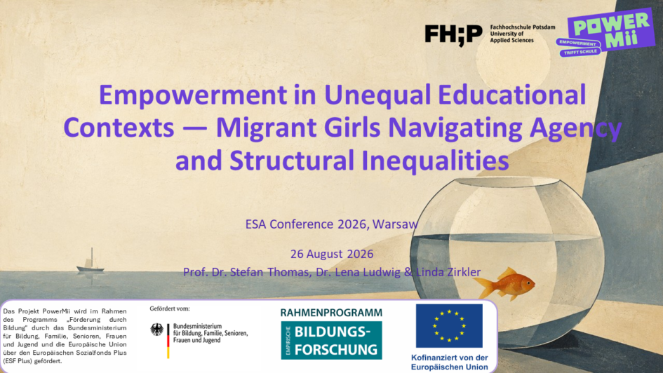Titelfolie des Vortrags „Empowerment in Unequal Educational Contexts — Migrant Girls Navigating Agency and Structural Inequalities", ESA Conference 2026 Warschau, 26. August 2026, von Stefan Thomas, Lena Ludwig und Linda Zirkler. Illustration: ein Goldfisch in einem Glas vor einer stilisierten Küstenlandschaft.